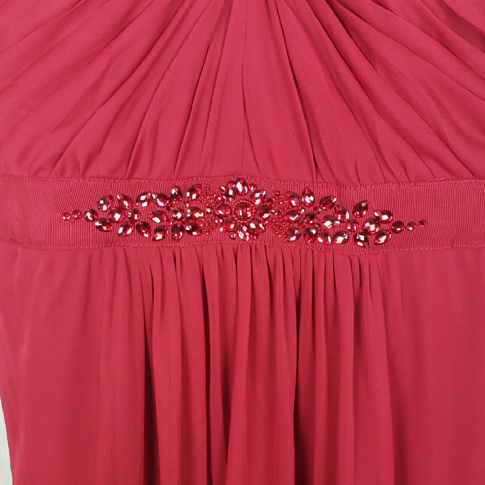 Adrianna Papell Cherry Red Dress 6 Strapless Ruched Empire Babydoll Beaded Prom - Picture 3 of 10
